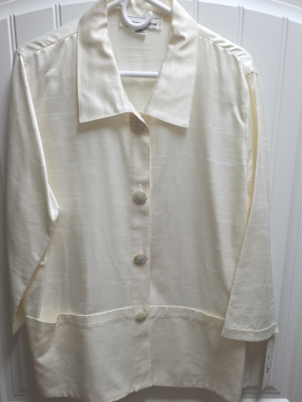 Caroline Rose Cream Button-Front Blouse Jacket with Rhinestone Buttons XL